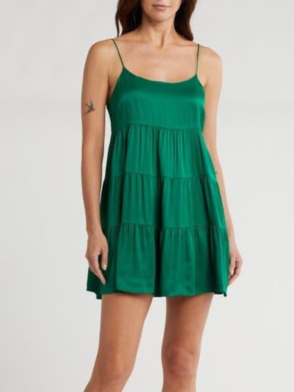 NWOT Alice + Olivia Green Collen Babydoll Silk Tiered Mini Dress, Sz 4